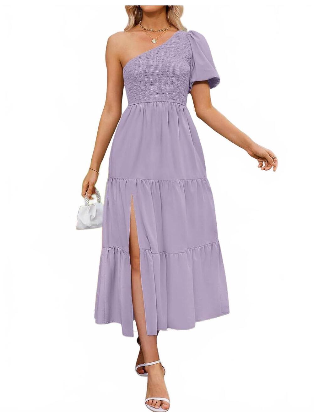 Zesica One-Shoulder Lavender Midi Dress with Puff Sleeve and Side Slit